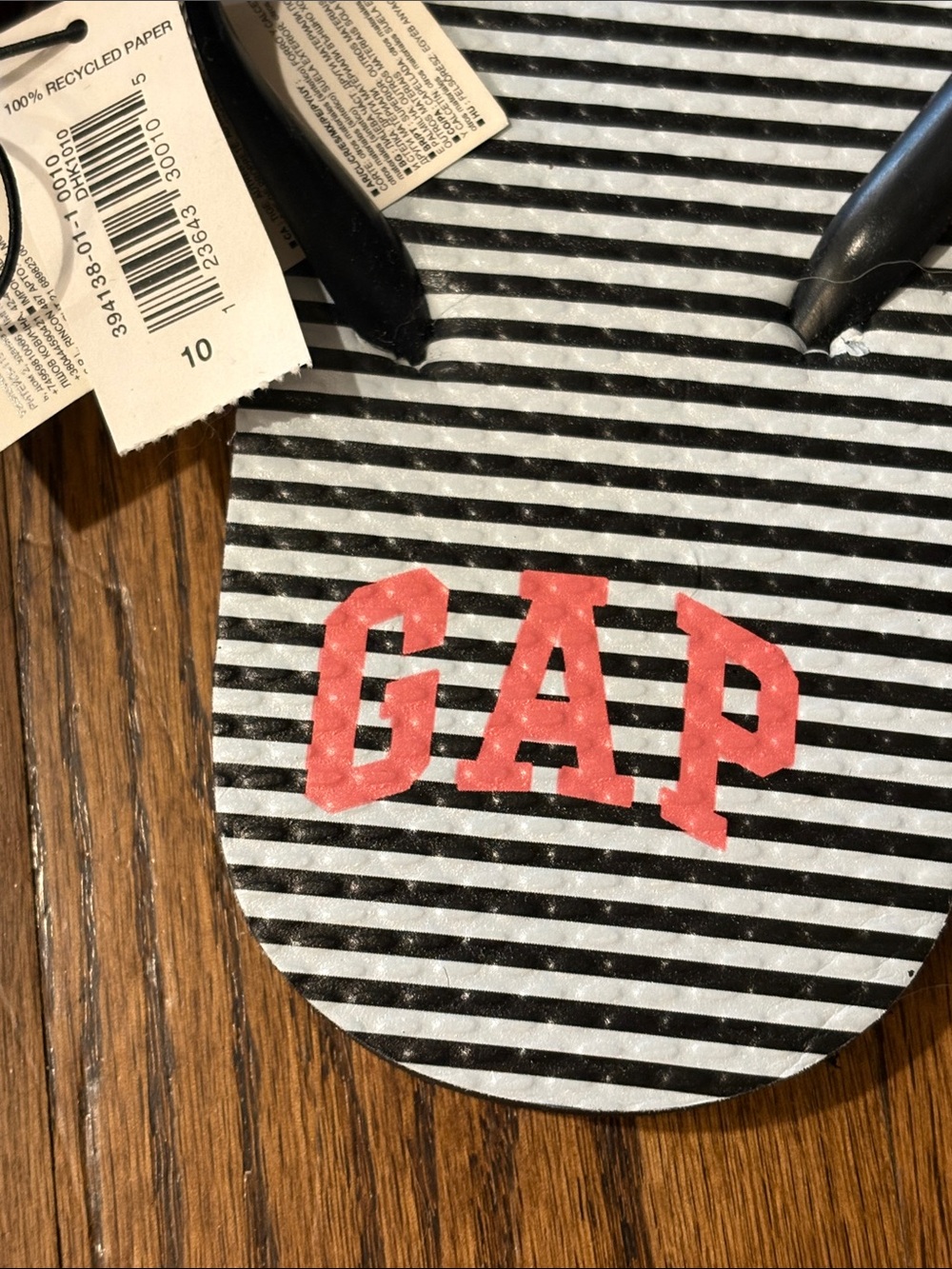 GAP Black & White Striped Flip Flops with Coral Logo size 10 - Picture 6 of 7